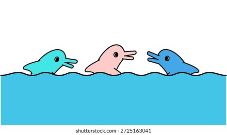 Una linda ilustración de delfines alineados con sus cabezas asomándose fuera del agua.