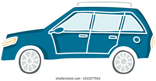 Cute illustration of a doodle car. Pastel colored vector auto with white outline.