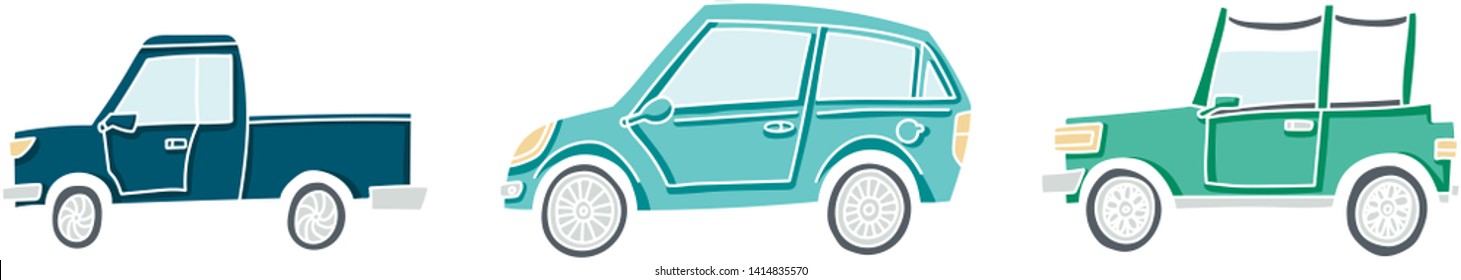 Cute illustration of a doodle car set. Pastel colored vector autos with white outline.
