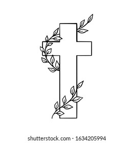 Cute Illustration Of A Doodle Cross With Plants Around It. 