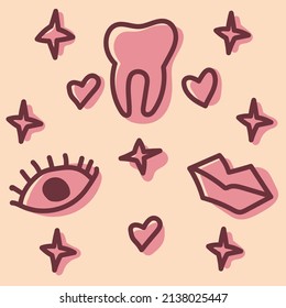 Cute illustration doodle hand drawn tooth, eye and lips on the  pink color on the peach background for web, stickers, card, cover and design