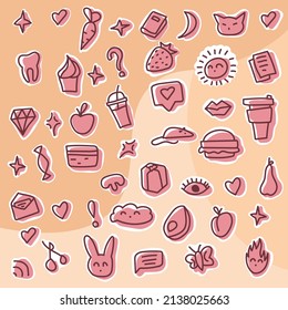 Cute-Illustrationsdoodle handgezeichnet verschiedene Symbole auf weißem und rosafarbenem Hintergrund für Web, Aufkleber, Karte, Abdeckung und Design