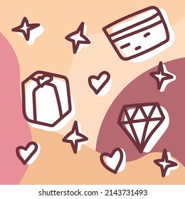 Cute illustration doodle hand drawn diamond, gift, credit card, stars and hearts on the white color on the soft pink and peach background for web, notebook stickers, card, poster, cover and design