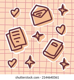 Cute illustration doodle hand drawn book, mail, document, stars and hearts on the peach color on the soft pink background for web, stickers, notebook, card, poster, cover and design
