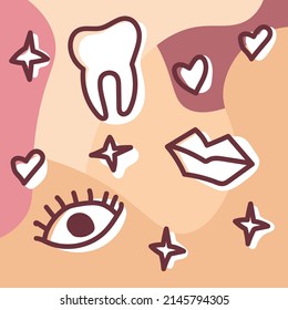 Cute illustration doodle hand drawn tooth, eye, lips, stars and hearts on the white color on the pink and peach soft background for web, stickers, card, notebook, poster, cover and design