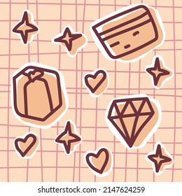 Cute illustration doodle hand drawn diamond, gift, credit card, stars and hearts on the peach color on the soft pink and peach background for web, notebook, stickers, card, poster, cover and design