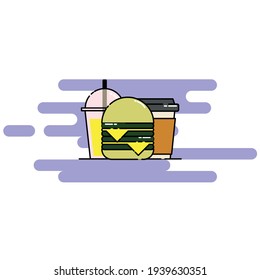 Cute Illustration of double cheese burger, lemon soft drink, and coffee. modern simple food vector icon, flat graphic symbol in trendy flat design style.
