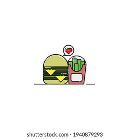 Cute Illustration of double layer cheese burger and french fries with love icon. modern simple food vector icon, flat graphic symbol in trendy flat design style.