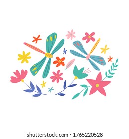 Cute illustration with dragonflies and flowers. Vector illustration isolated on a white background. Design element for t-shirts, bags, posters, postcards.