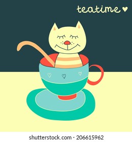 Cute illustration of drawing yellow cat in blue cup. Concept greeting card. 