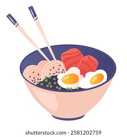 Cute illustration drawn entirely by hand with image of cute plate of ramen, soup with noodles, egg, salmon, green onion and sesame seeds. Restaurants of Asian cuisine with national soup with noodles