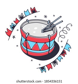 Cute illustration with drum. Isolated on a white background. Vector doodle illustrations.