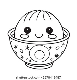 cute illustration of dumplings in a bowl. funny character, asian food