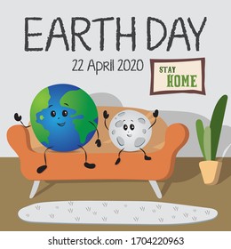 Cute illustration for Earth day showing The Earth and The Moon staing safe in home due to Coronavirus(Covid 19). Vector illustration. - Shutterstock ID 1704220963