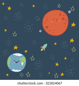 Cute illustration of the earth, mars and stars. Poster for the children's room.