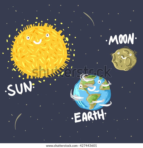 Cute Illustration Earth Sun Moon Stars Stock Vector Royalty Free