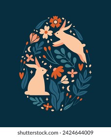 Linda ilustración para Pascua. Para el banner, tarjeta. Forma de huevo ornamental con conejos, conejos, huevos, flores de primavera, plantas, hojas, bayas, estrella. Diseño plano. Feliz Día de Pascua.