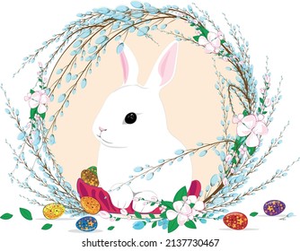 Cute illustration of Easter Bunny in the branches of flowering willow and apple tree flowers. Families celebrate Easter together. Happy Easter God Bless All of Us around the world. celebration