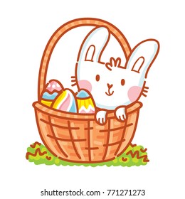 Cute illustration with Easter Bunny character and colored eggs. Happy Easter. Hand drawn holiday art in vector cartoon style for greeting card, poster, banner, invitation, decoration, print