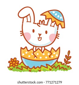 Cute illustration with Easter Bunny character and colored eggs. Happy Easter. Hand drawn holiday art in vector cartoon style for greeting card, poster, banner, invitation, decoration, print