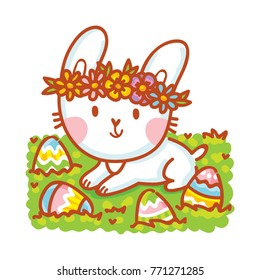 Cute illustration with Easter Bunny character and colored eggs. Happy Easter. Hand drawn holiday art in vector cartoon style for greeting card, poster, banner, invitation, decoration, print