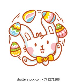Cute illustration with Easter Bunny character and colored eggs. Happy Easter. Hand drawn holiday art in vector cartoon style for greeting card, poster, banner, invitation, decoration, print