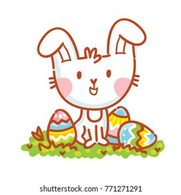 Cute illustration with Easter Bunny character and colored eggs. Happy Easter. Hand drawn holiday art in vector cartoon style for greeting card, poster, banner, invitation, decoration, print