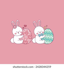 cute illustration of easter bunny hugging an easter egg