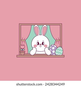 cute illustration of easter bunny looking in a window