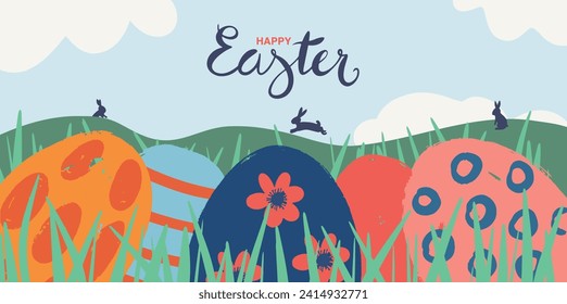 Cute illustration of Easter eggs hidden among the grass in the foreground and rabbits in the meadow in the background. Handwritten typography. Easter background, banner, poster, greeting card