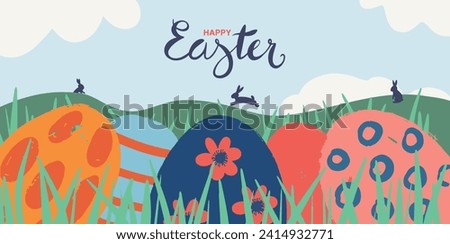 Cute illustration of Easter eggs hidden among the grass in the foreground and rabbits in the meadow in the background. Handwritten typography. Easter background, banner, poster, greeting card