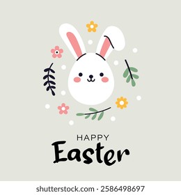 A cute illustration of easter greeting card with rabbit in flat design. Perfect for festive invitation, postcard, party poster or banner. Easter bunny, leaves and flowers. Happy easter illustration.