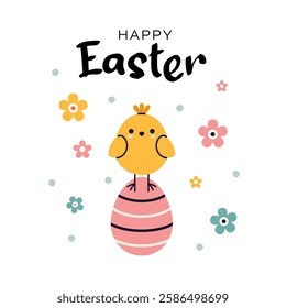 Cute illustration of easter greeting card with cute chick in flat design. Perfect for festive invitation, postcard, poster or banner. Easter chick, easter egg and flowers. Happy easter illustration.