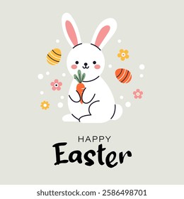 A cute illustration of easter greeting card with rabbit in flat design. Perfect for festive invitations, postcards, party posters and banners. Easter eggs, bunny and flowers. Happy easter.