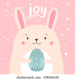 Cute illustration Easter rabbit with egg and with title joy. Spring card with bunny.