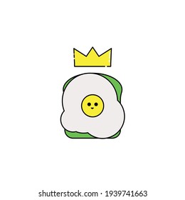 Cute Illustration of egg toast with crown. modern simple food vector icon, flat graphic symbol in trendy flat design style.