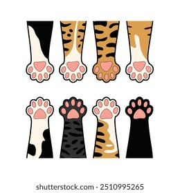 Uma ilustração fofa de oito patas de gato com cores e padrões diferentes