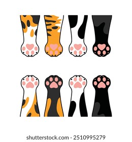 A cute illustration of eight cat paws with different colors and patterns