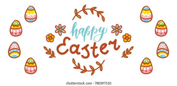 Cute illustration elements for Easter holiday with Easter Bunny, colored eggs, flowers and lettering, calligraphy text. Hand drawn art in cartoon, doodle style for your design concept