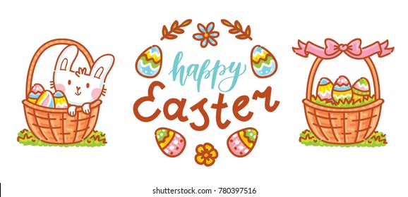 Cute illustration elements for Easter holiday with Easter Bunny, colored eggs, flowers and lettering, calligraphy text. Hand drawn art in cartoon, doodle style for your design concept
