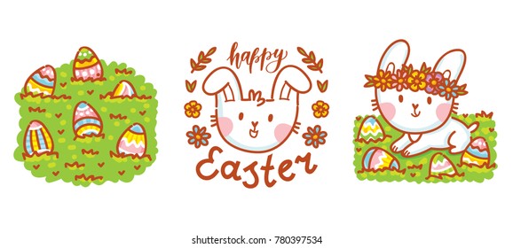 Cute illustration elements for Easter holiday with Easter Bunny, colored eggs, flowers and lettering, calligraphy text. Hand drawn art in cartoon, doodle style for your design concept