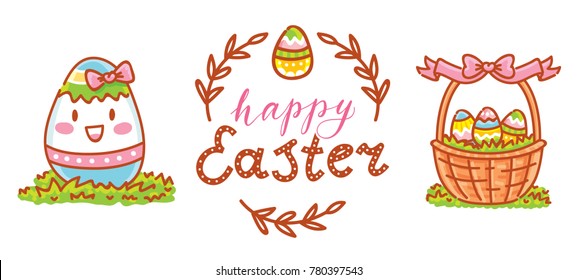 Cute illustration elements for Easter holiday with Easter Bunny, colored eggs, flowers and lettering, calligraphy text. Hand drawn art in cartoon, doodle style for your design concept