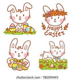 Cute illustration elements for Easter holiday with Easter Bunny, colored eggs, flowers and lettering, calligraphy text. Hand drawn art in cartoon, doodle style for your design concept - Shutterstock ID 780399493