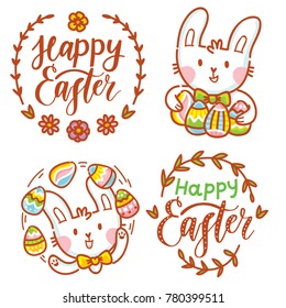 Cute illustration elements for Easter holiday with Easter Bunny, colored eggs, flowers and lettering, calligraphy text. Hand drawn art in cartoon, doodle style for your design concept