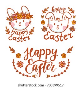 Cute illustration elements for Easter holiday with Easter Bunny, colored eggs, flowers and lettering, calligraphy text. Hand drawn art in cartoon, doodle style for your design concept