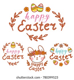 Cute illustration elements for Easter holiday with Easter Bunny, colored eggs, flowers and lettering, calligraphy text. Hand drawn art in cartoon, doodle style for your design concept