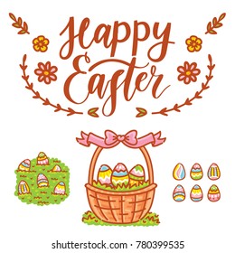 Cute illustration elements for Easter holiday with Easter Bunny, colored eggs, flowers and lettering, calligraphy text. Hand drawn art in cartoon, doodle style for your design concept