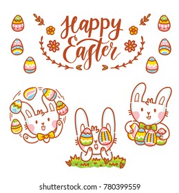 Cute illustration elements for Easter holiday with Easter Bunny, colored eggs, flowers and lettering, calligraphy text. Hand drawn art in cartoon, doodle style for your design concept