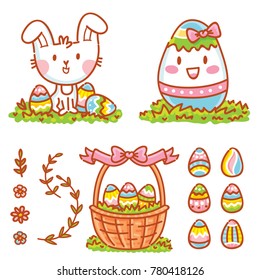 Cute illustration elements for Easter holiday with Easter Bunny, colored eggs, flowers and lettering, calligraphy text. Hand drawn art in cartoon, doodle style for your design concept