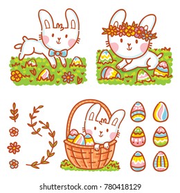 Cute illustration elements for Easter holiday with Easter Bunny, colored eggs, flowers and lettering, calligraphy text. Hand drawn art in cartoon, doodle style for your design concept